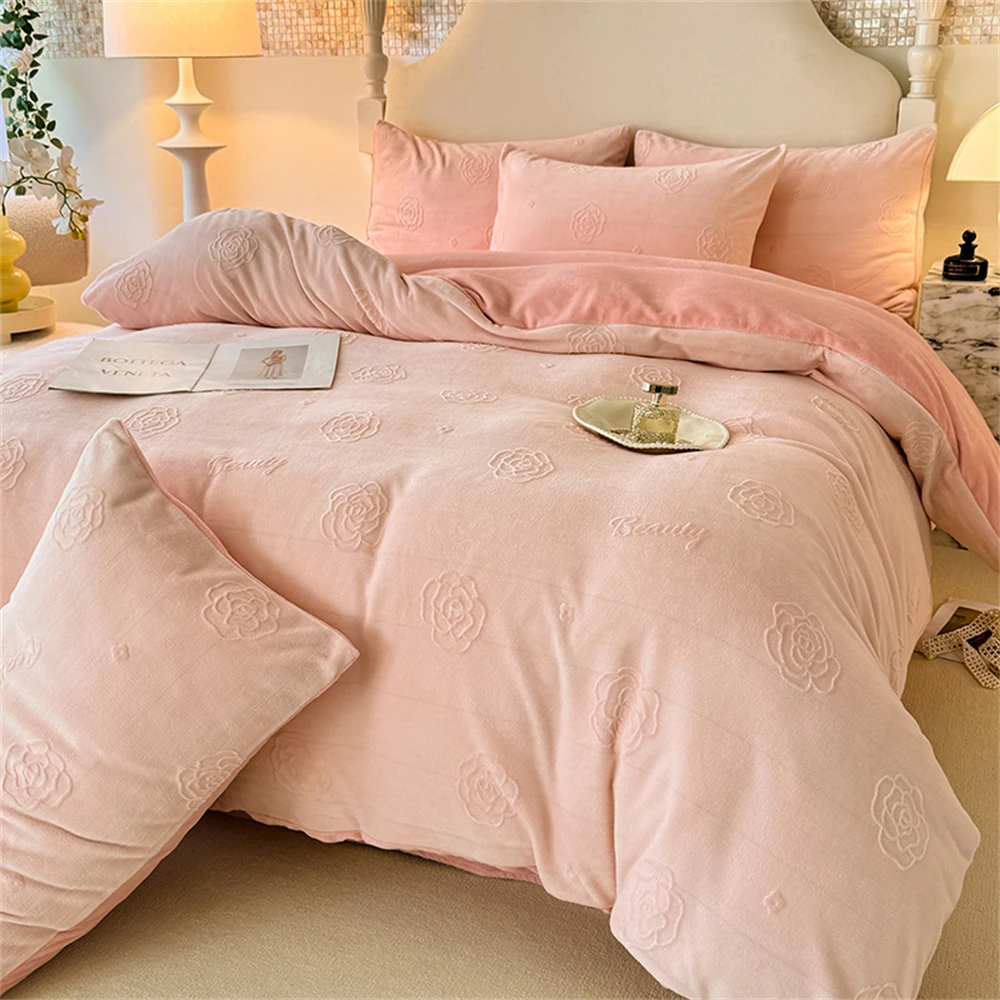 Flower Carved Milk Velvet Four-Piece Sets Winter Warm Thickened Duvet Cover Pillowcase Bed Sheet Soft Coral Fleece Bedding Set