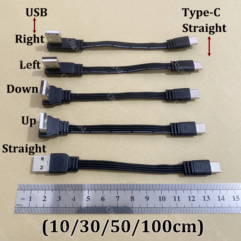 Cltgxdd 1PCS USB A To Type-C Fast Charging Data Cable Straight/Up/Down/Left/Right Angled Flat Silicone Soft Wire 10/30/50/100cm