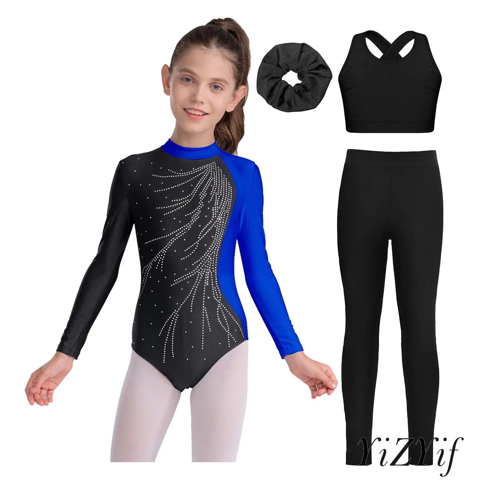 

4Pcs/Set Kids Girls Gymnastics Figure Skating Dance Costume Mock Neck Keyhole Back Rhinestones+Leotard+Vest+Leggings+Hair Band