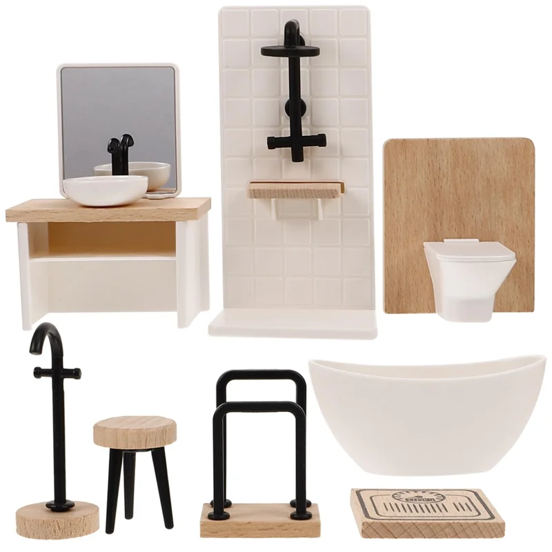 8 pezzi bagno WC vasca da bagno lavabo mobiletto da bagno in legno con lavabo mobili in miniatura per durevole facile da usare