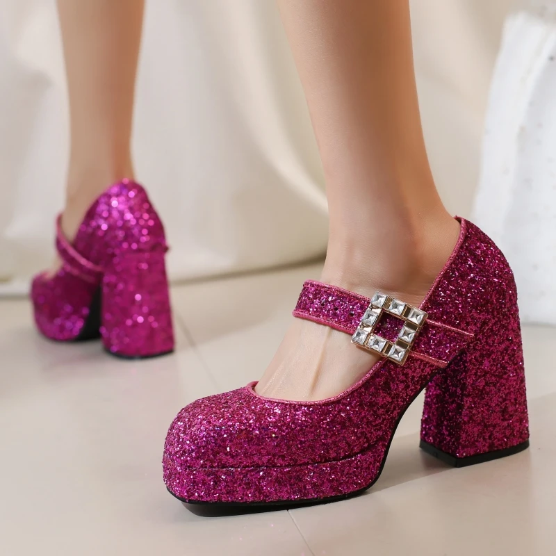 Women's Block High Heels Mary Jane Shoes Big Size 45 Fashion Square toe Luxury Gold Black Heeled Wedding Dress Dance Shoes Lady