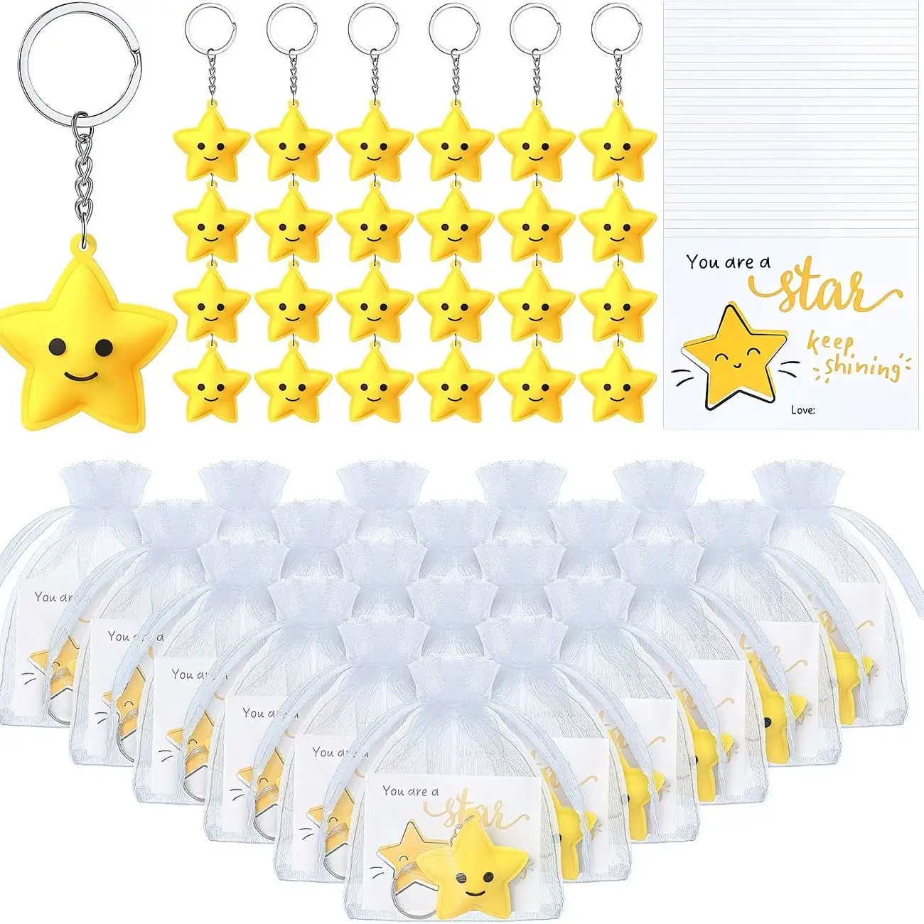 Ensemble de 30 pièces : Porte-clés étoiles adorables, avec cartes étoiles inspirantes et sacs en organza transparents — cadeaux de remerciement, récompenses et pour les fêtes