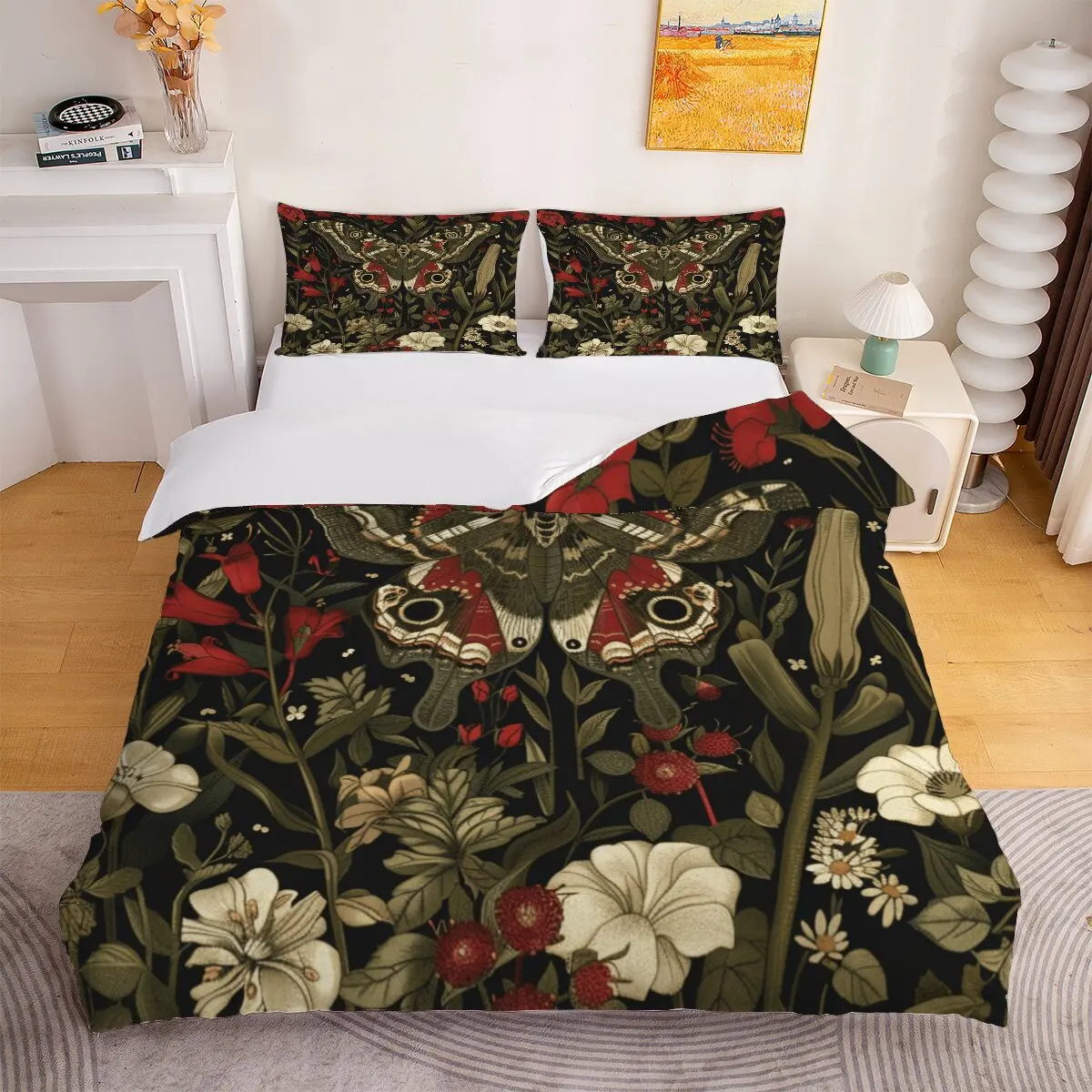 Big black moths  Duvet size  Red flowers  1 duvet cover and 2 pillowcases