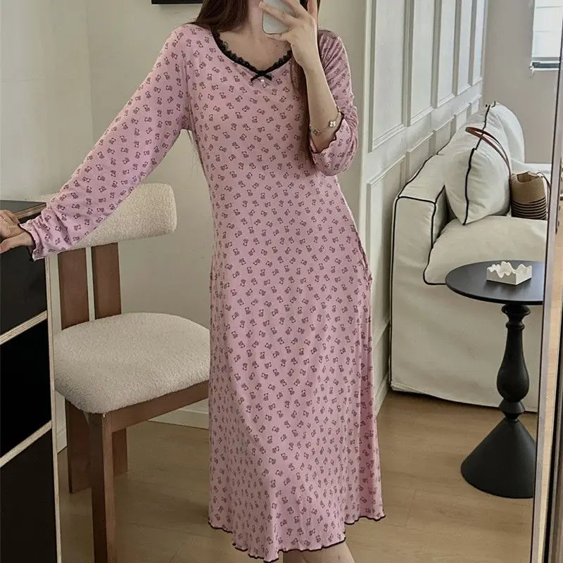 

Осень 2200, ночная рубашка из модала с длинными рукавами и принтом для женщин, корейская свободная одежда для сна, женское ночное платье, ночная рубашка, домашняя ночная рубашка