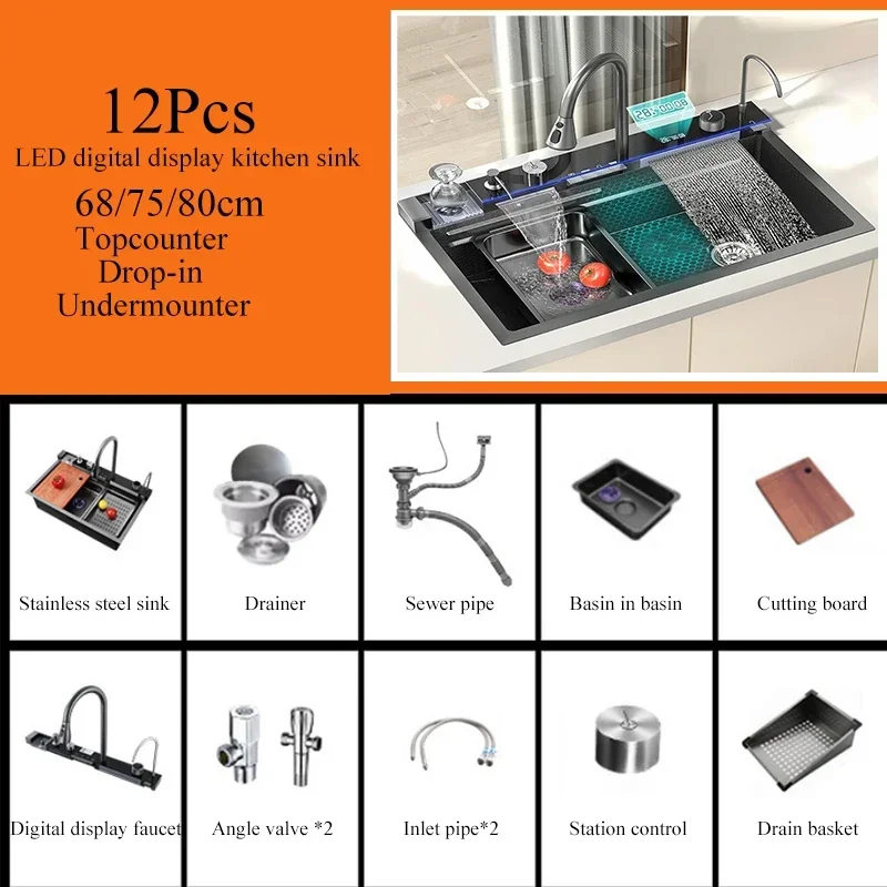 superior quality  Discount Luxury Anti-Scratch LED Digital Display Waterfall Kitchen Sink With Cup Washer And Soap Dispenser