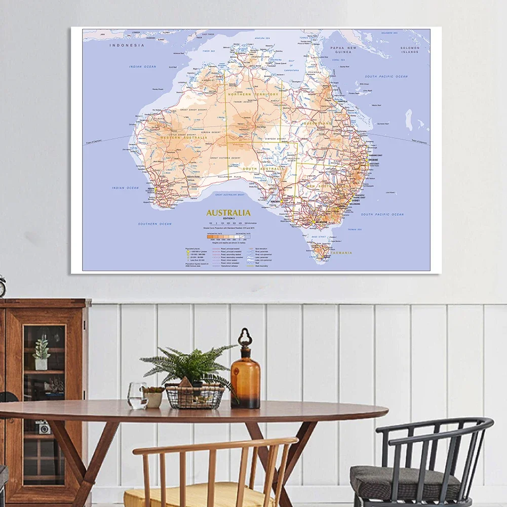 Póster grande de mapa de Geografía y Transporte de Australia, suministros de lona no tejida para escuela de pintura, decoración del hogar, 225x150cm