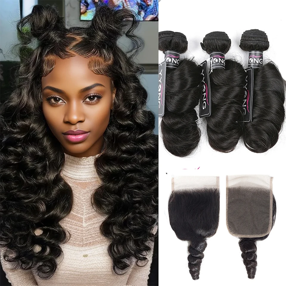 Yyong Loose Wave 3 Or4 Bundles 100% Human Hair With Lace Closure 4x4 Lace Closure With Bundles Natural Color Peruvian Remy Hair