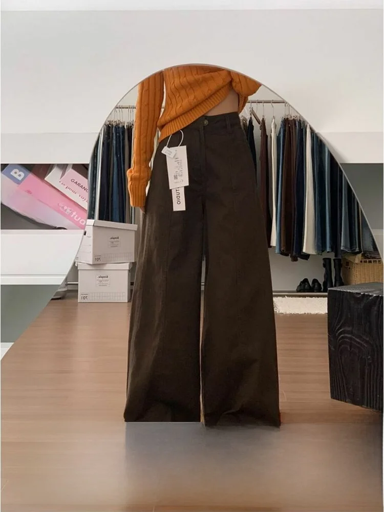 

Ретро американские джинсы с высокой талией кофейного цвета, ленивые прямые джинсы, женские утягивающие драпированные широкие брюки, осень-зима, новый Sle