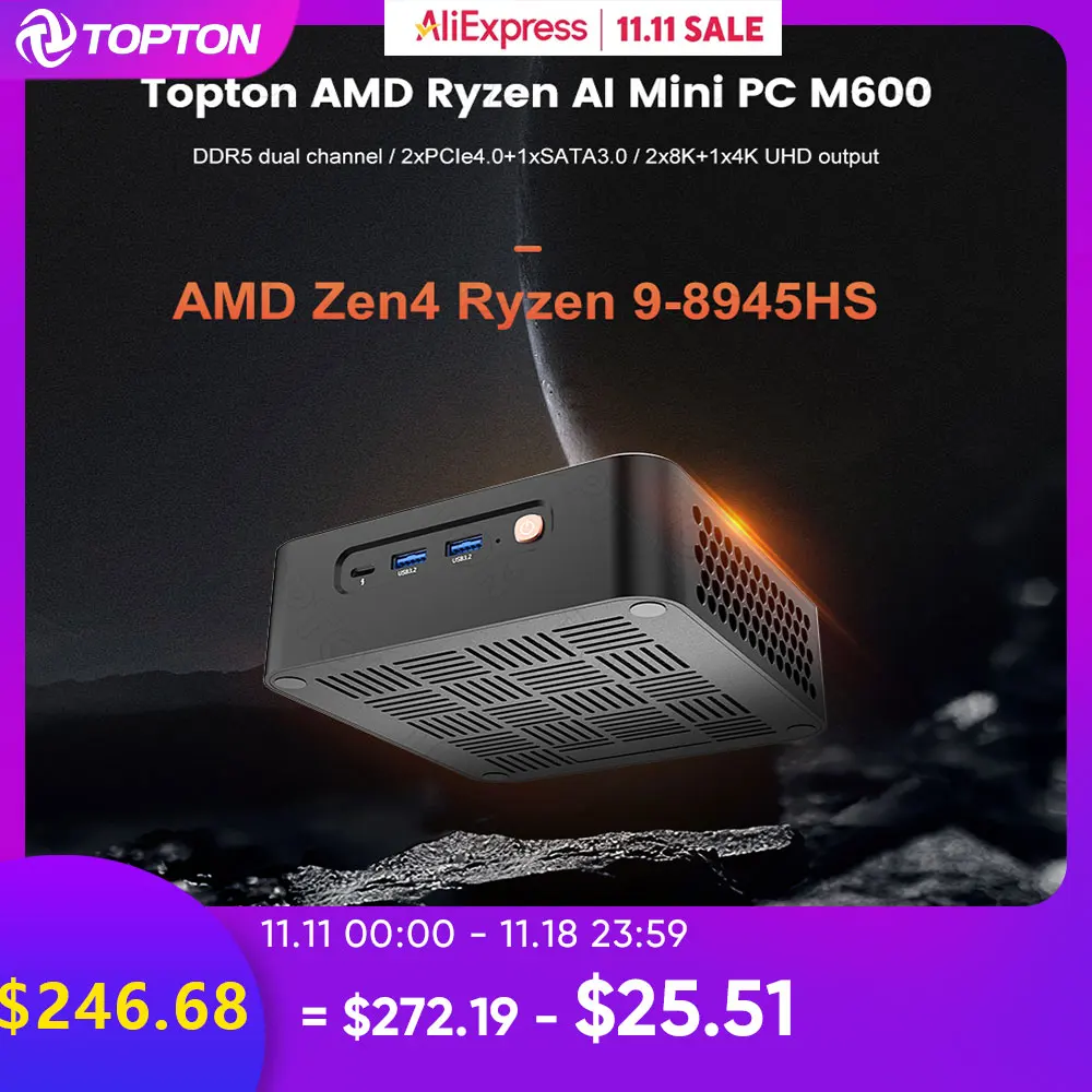 Topton AMD Rzyen 9 8945HS AI Mini PC Ryzen 7 8845HS 2xDDR5 2xPCIe4.0 2x2.5G LAN Windows 11 MINIPC Desktop Computer Gamer WiFi6