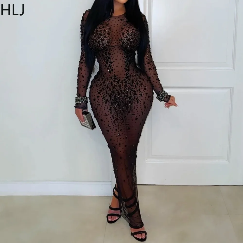 

HLJ Sexy Mesh Rhinestone Patchwork Bodycon Dresses Woman Solid Color See Through Long Sleeves Dress Female Streetwear Vestidos