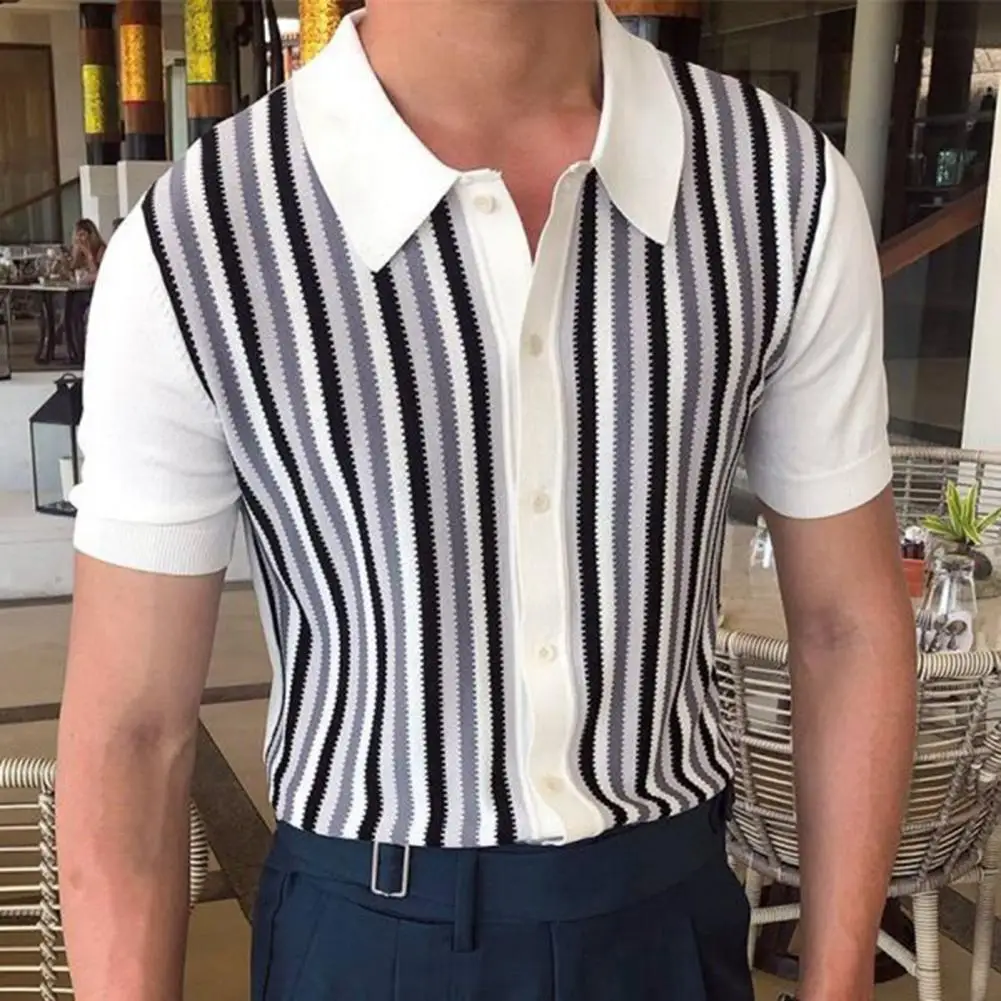 Fabulous Men Tops Contrast Color Stripe Wear-resistant Turn-down Collar Short Sleeves Summer Tops