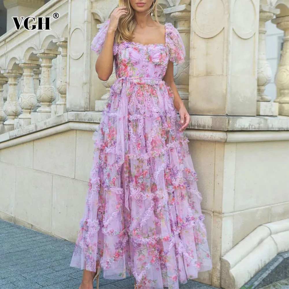 

VGH Colorblock Patchwork Lace Up Mesh Dress For Women Square Collar Puff Sleeve High Waist Temperament Long Dresses Female New