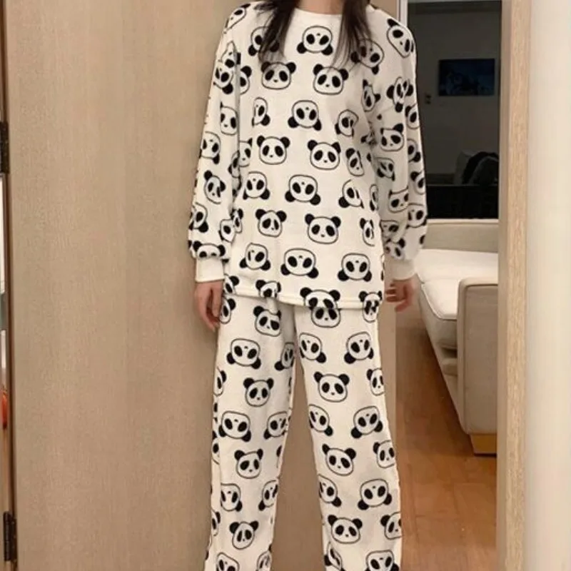 2024 New Coral Fleece Soft Women Clothes Cute Panda Printing Pajamas for Women Round Neck Long Sleeve Autumn Women Two Piece Set