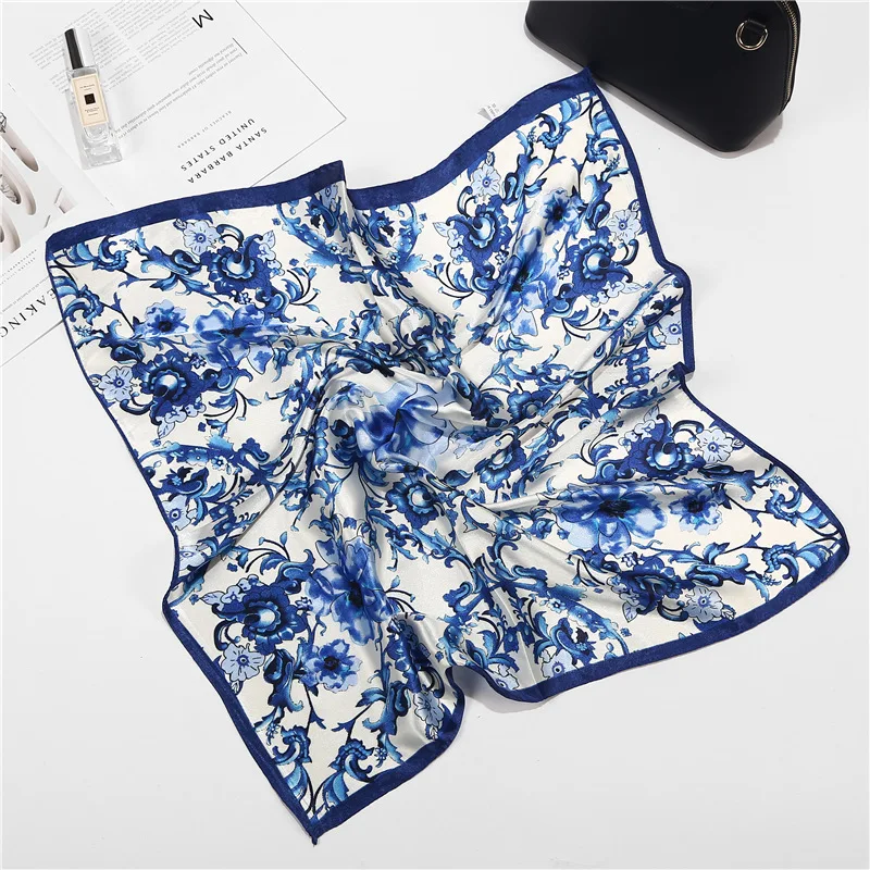 Fashion Blue and White Flower Silk Square Scarf 60*60cm Headband Hairbands Hair Hoop For Women Girl Lady Head Neck Satin Scarf