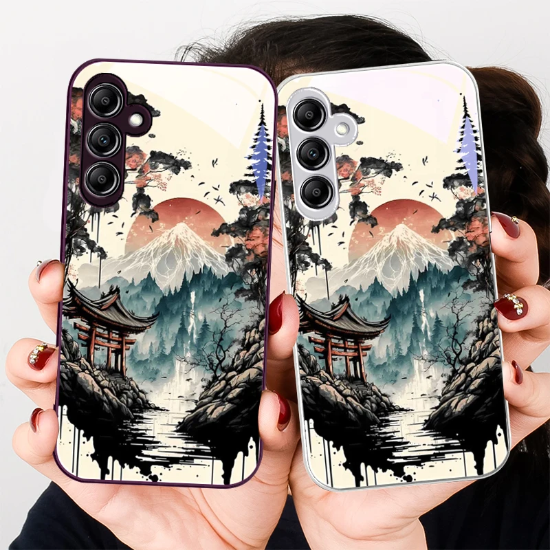 Ink painting sunset for Samsung Galaxy A01 02 03 Core A04 A14 4G A13 54 34 31 20 25 23 22 5G S21 Ultra S20 glass phone case