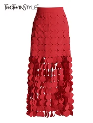 Tweetwinstyle Effen Uitgehold Patchwork Dot Kwast Afslankende Rokken Voor Vrouwen Hoge Taille Een Lijn Temperament Elegante Rok Vrouw