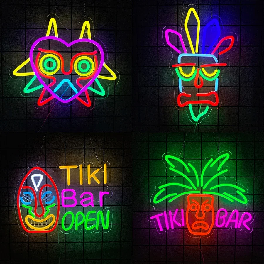 

Неоновая светодиодная вывеска Tiki Beer, декор для бара с пивом и масками, для мужских уголков, ресторанов, вечеринок, клубов, настенные светильники.