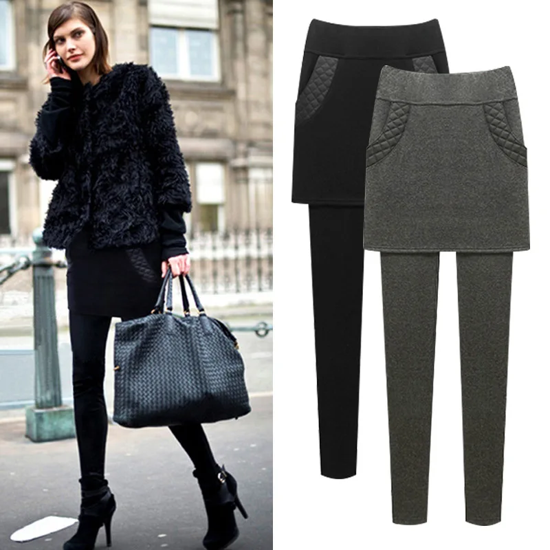 Winter Velvet Thick Skinny Leggings Pants Female Skirt + Long Trousers Warm Skirts Trousers For Women Large Size 5XL 6XL