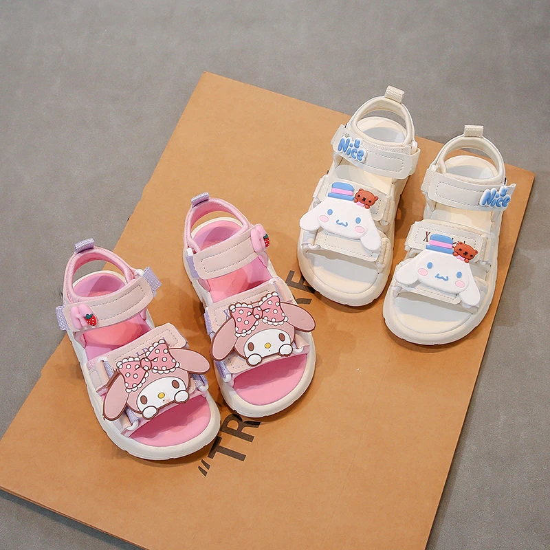 

Sandals Girls Shoes Cartoon My Melody Cinnamoroll Mesh Summer Fashion Printed Flat Bottom Breathable Pink White Size 26-36