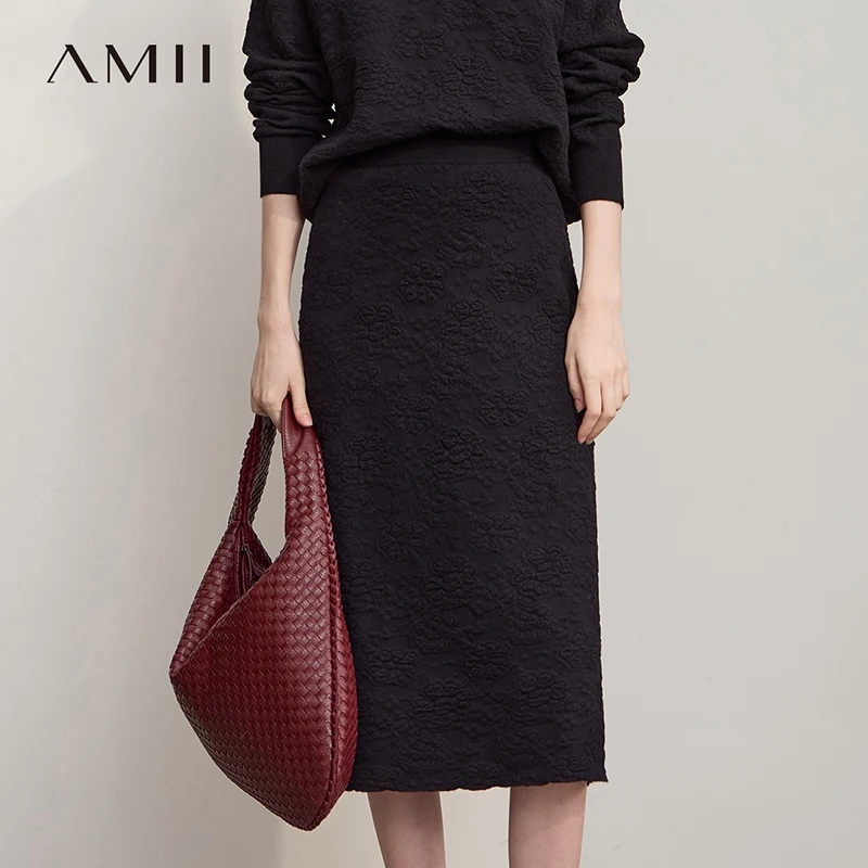 

AMII Women's Skirt Medium And Long Jacquard Skirts For Women 2025 Autumn New Minimalist Solid Color Clothing Ladies 12543069