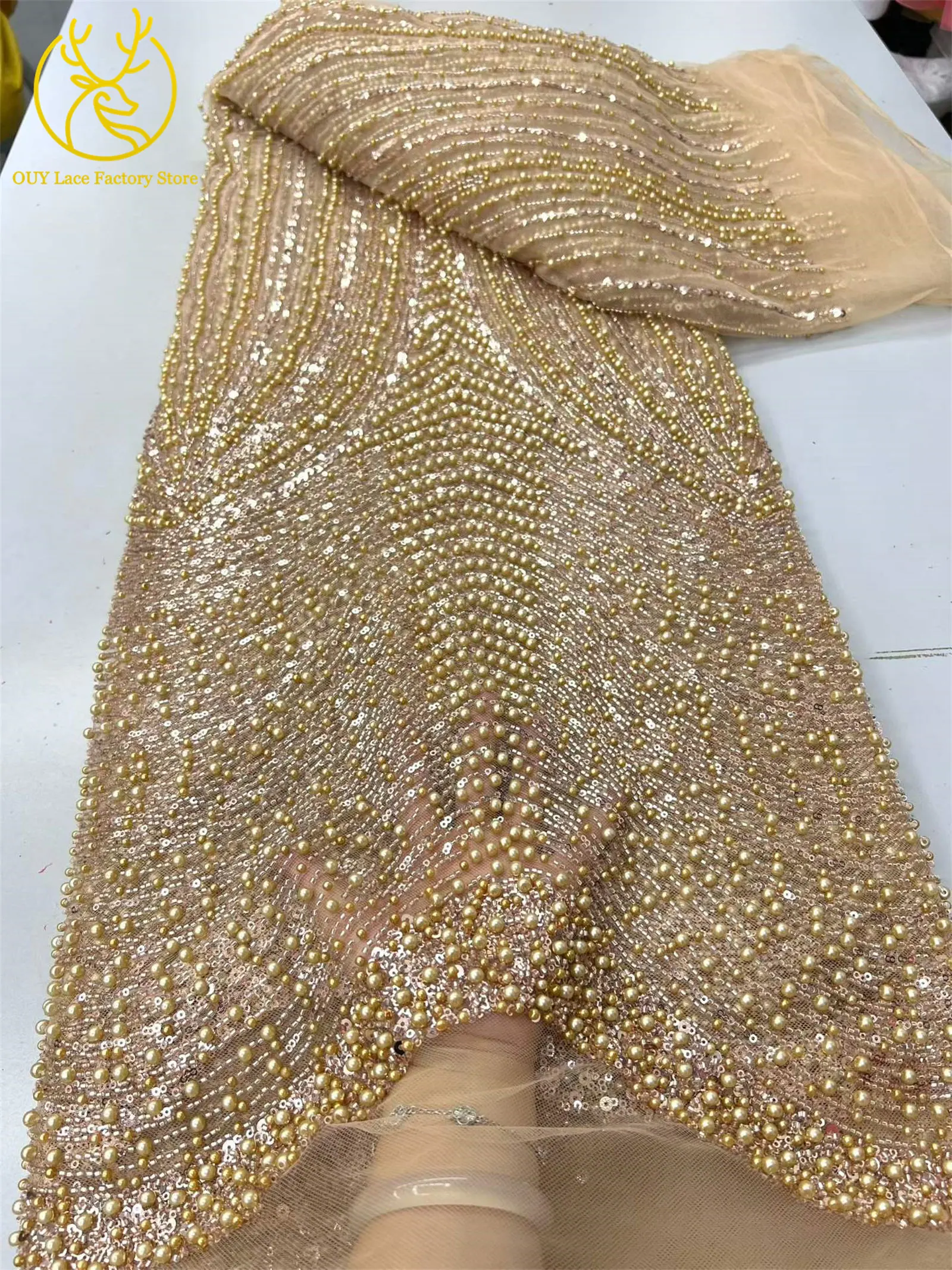Rosa afrikanischer Perlen-Spitzenstoff 2026, eleganter französischer Pailletten-Spitzenstoff, modischer nigerianischer Tüll-Spitzenstoff für Partykleider – Detail 13