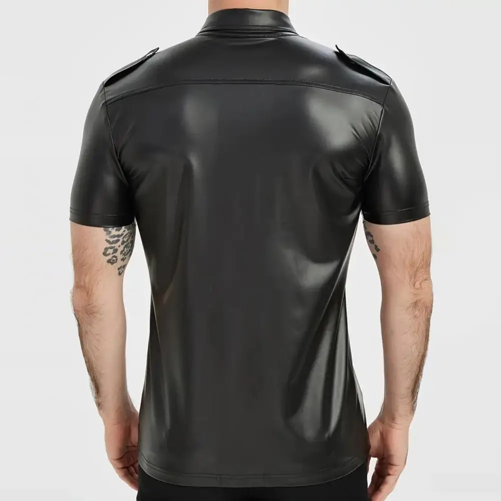 Comfortable Men Top Men Polyester Shirt Stylish Men's Metallic Faux Leather Button-up Shirts for Nightclub for Parties for A