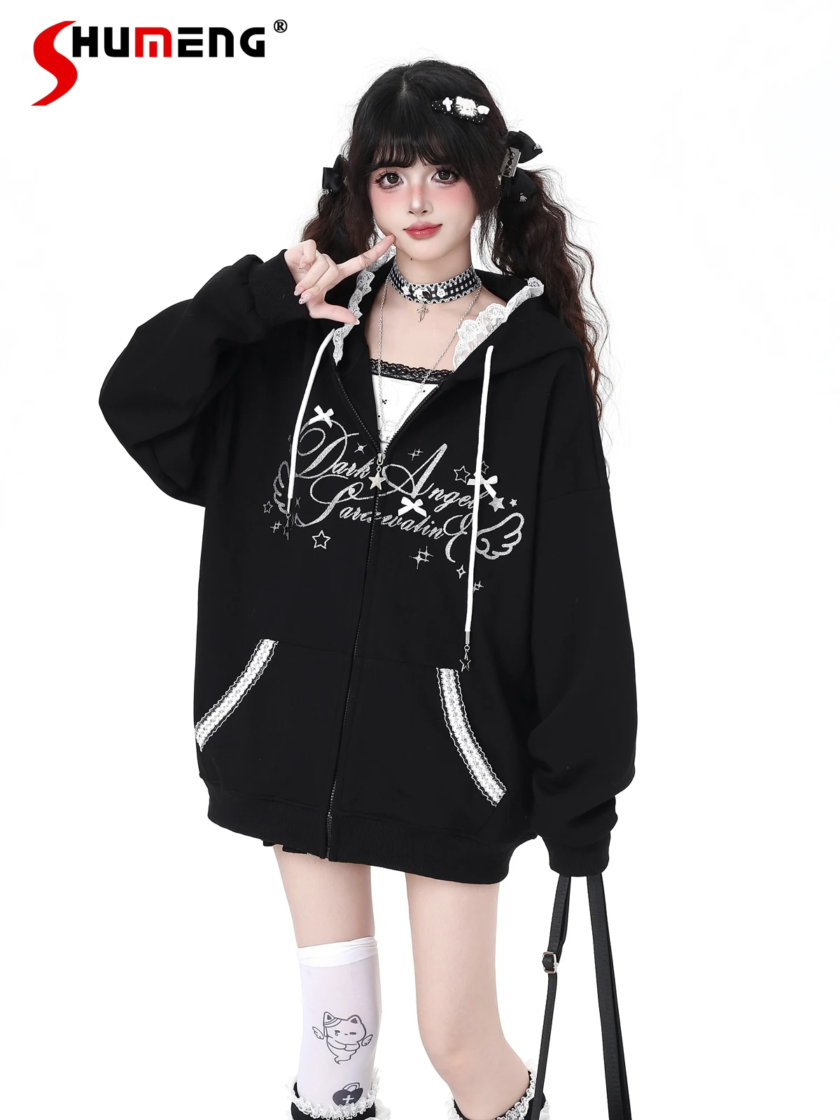 

Fashion Subculture Sweet Cool Girl Y2K Hoodies Top Lace Spliced Hooded Zipper Print Loose Casual Sweatshirt Jackets Women Autumn