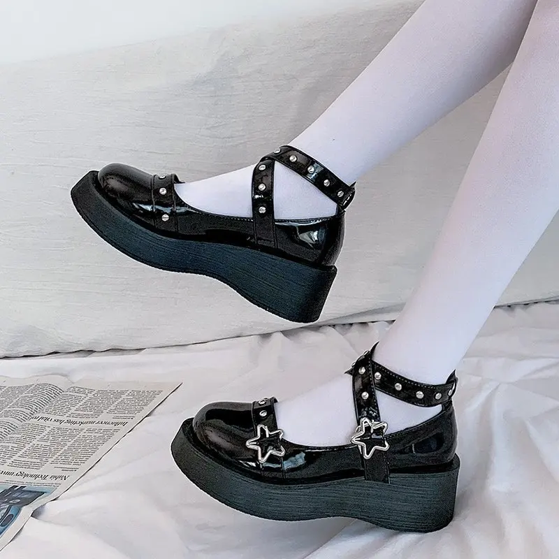 Shoes Lolita shoes Women heels platform mary janes Star Buckle Strap Mary Janes Women Cross-tied Girls Rivet Casual kawaii shoes