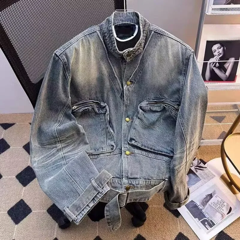 

Loose Fit Men's Denim Jaet Autumn Winter Large Size 250 Pou American Sle Workwear Striped Collar Stand up Coat