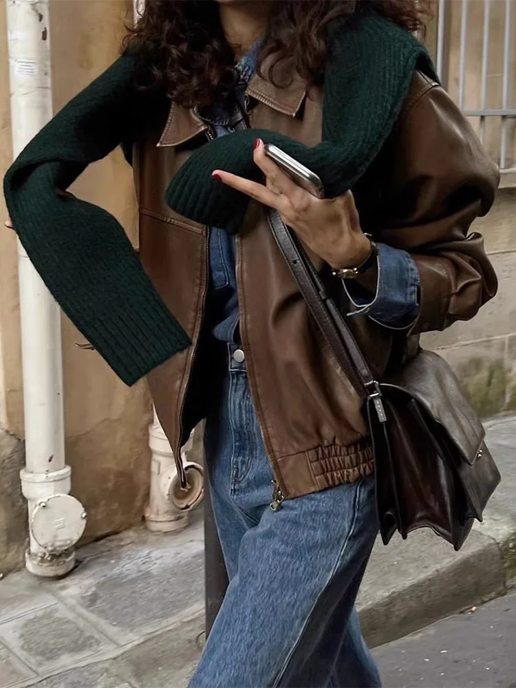 Chic Vintage Motorrad Jaet Damen Loose Fit Long Sve Reißverschluss Kragen Ledermantel Sli Herbst Neuankömmling