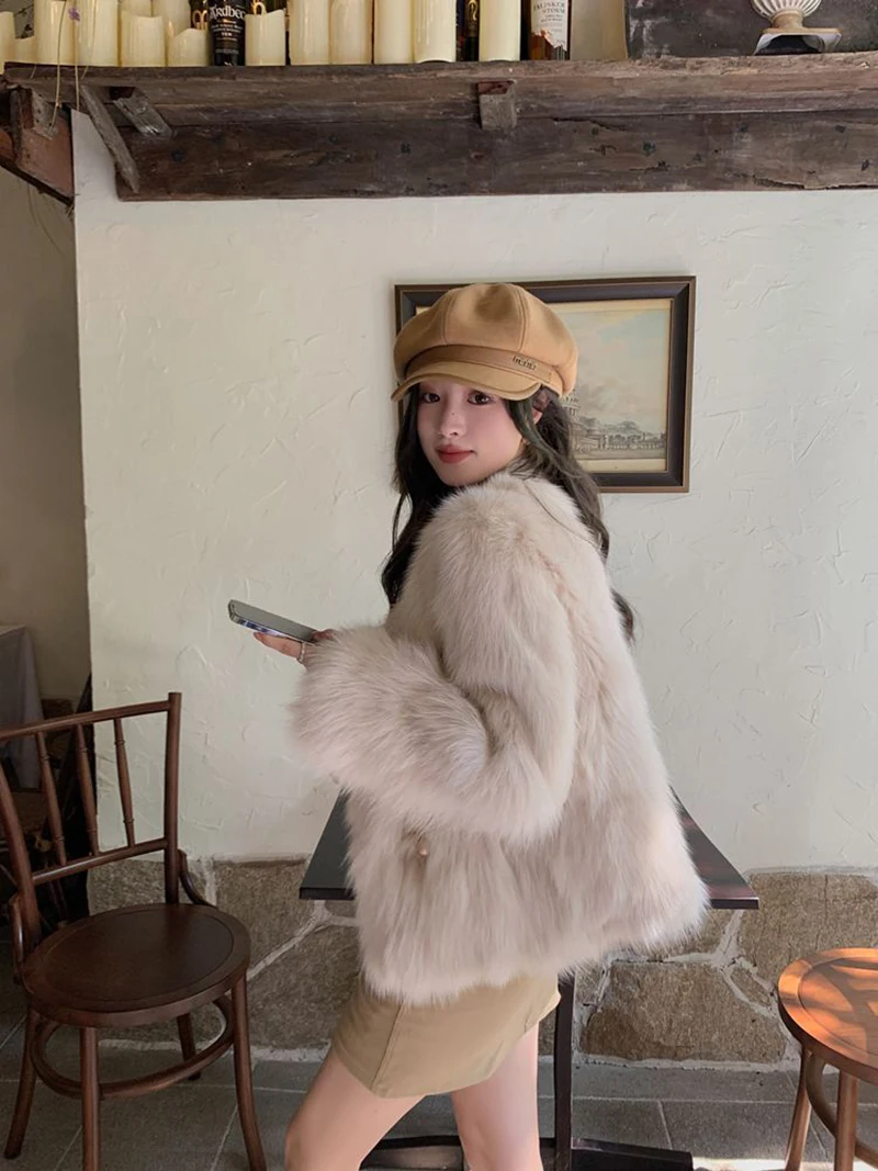 Chic White Women Faux Fur Jacket Pearl Button Coat Collarless Long Sleeve Cropped Loose Luxury Cozy Winter Outerwear Top