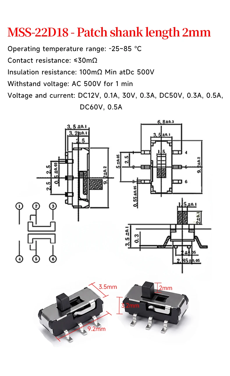 5 Stück MSS-22D18 Doppelreihiger Oberflächenmontage-Leistungsschalter 2mm Langer SMD-Schaft 6-poliger 2-Positionen Oberflächenmontage-Miniaturschalter – Detail 1