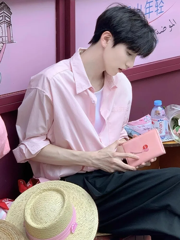 

Dopne Pink Sun Protection irt Loose Thin Long Sve Men's Summer Faion Outerwear Breathable Youth ular Flip Collar
