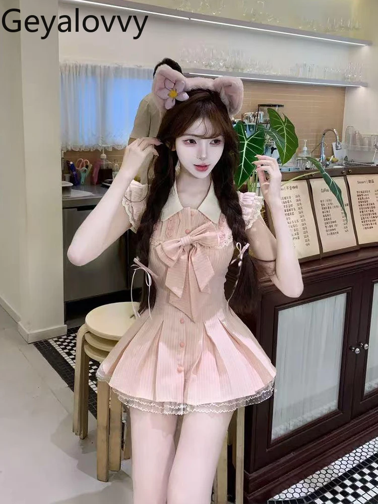 

French Sweet Wind Lace Flying Sleeve Short Dress Summer Pink Lapel Bow Single-breasted Slimming Princess Puffy Dresses