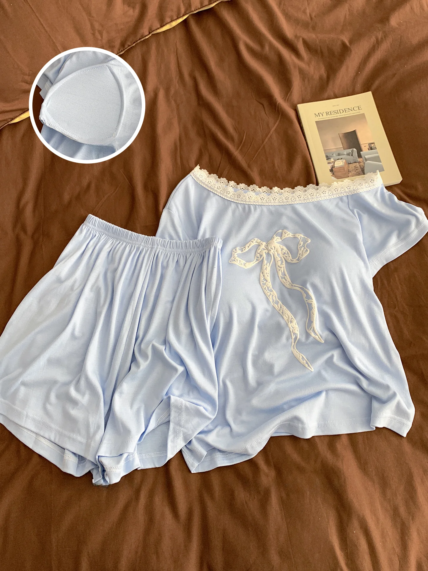 セクシーなレース半袖モーダルナイトガウン女性の夏薄い蝶結びプリントホーム服セット胸パッド付き快適なホームウェア