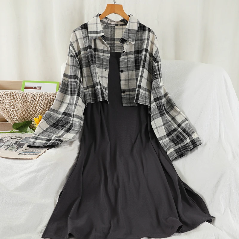 Two Piece Plaid Long Sleeve Shirt and Suspender Dress Set Women 2021  Turndown Collar Coat Casual Split Sleeveless Dress Suits