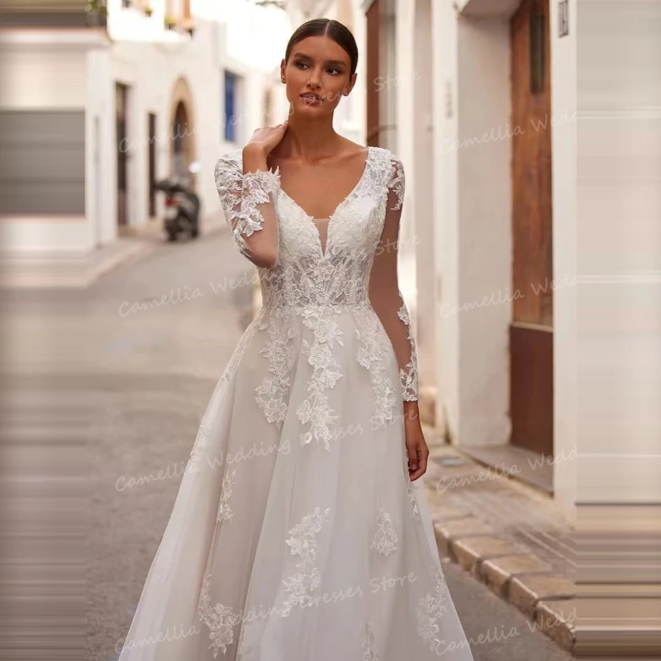 Luxury A Line Wedding Dresses Sexy Bohemia Bridal Gowns For Women Appliques V Neck Long Sleeve Backless Vestidos De Novias 2024