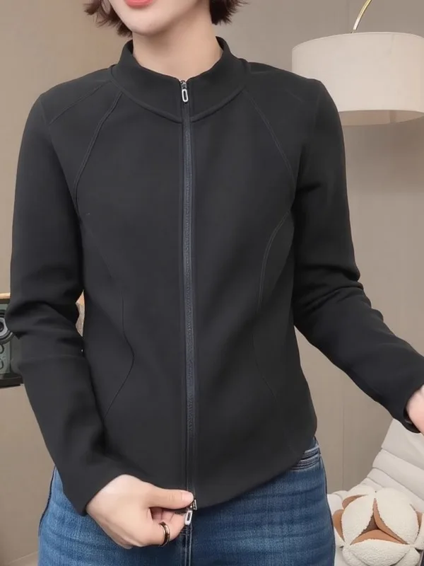 

Модная черная толстовка-куртка с воротником-стойкой для женщин, весенняя новинка, приталенный крой, длинный рукав, на молнии