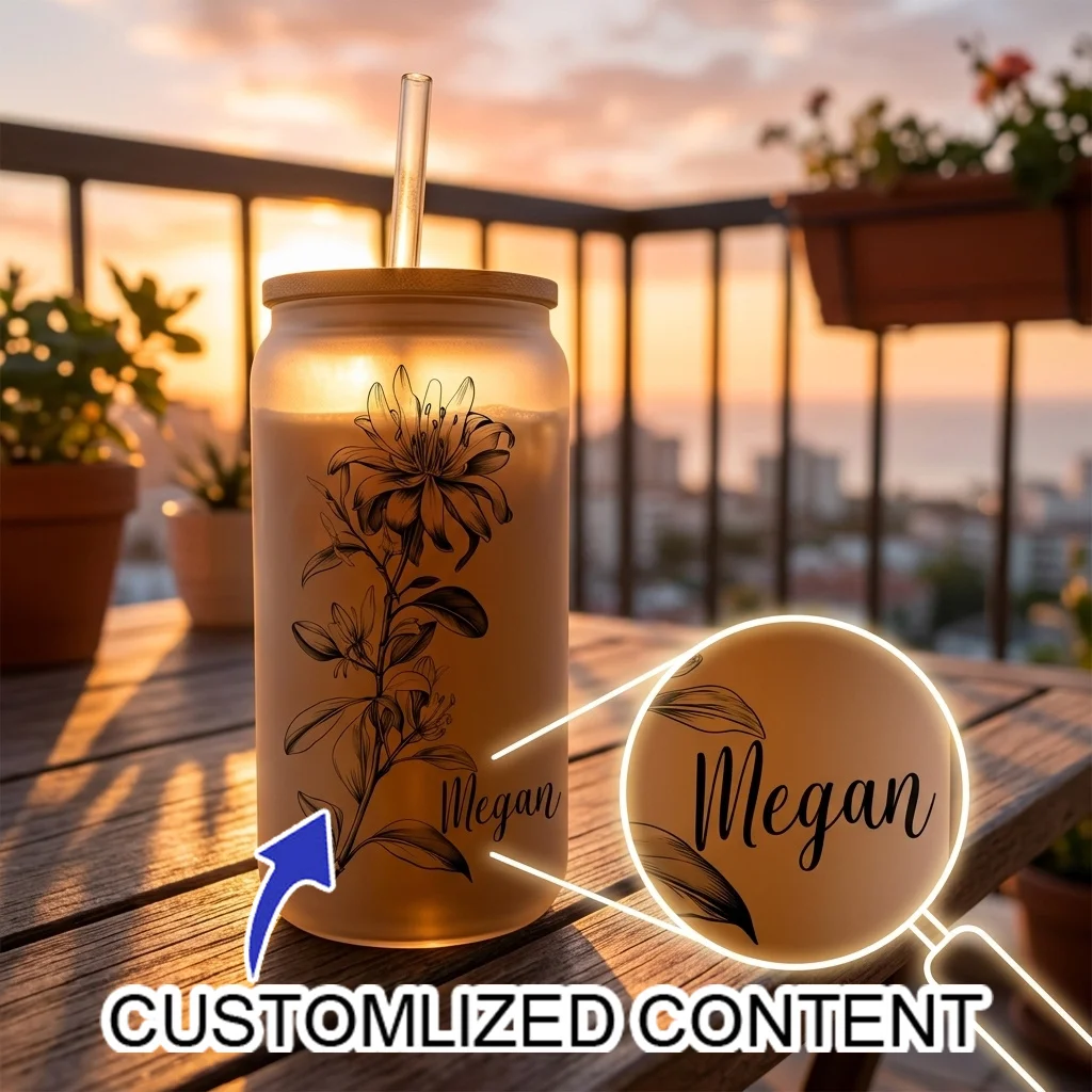 Custom Birth Flower Glass Can Tumbler, Floral Line Art Glass Cup with Bamboo Lid & Clear Straw, Birthday Bridal Shower Gift.