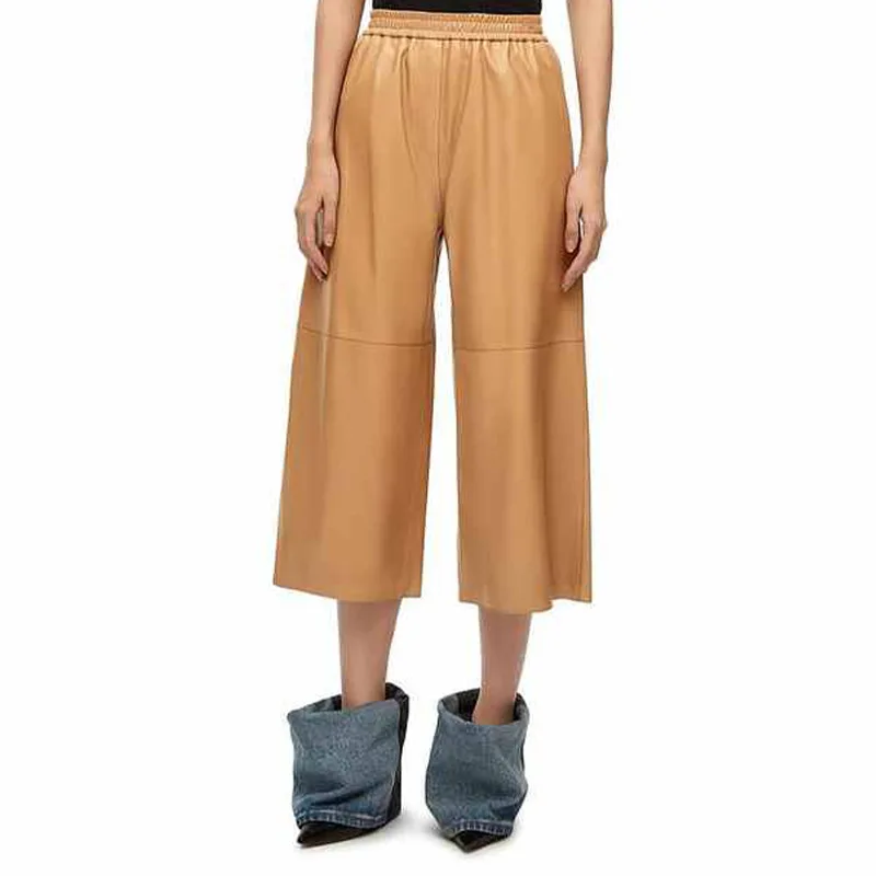 

2024 Women New Fashion Genuine Sheepskin Leather Pants Elastic Waist Loose Wide Leg Pants E24