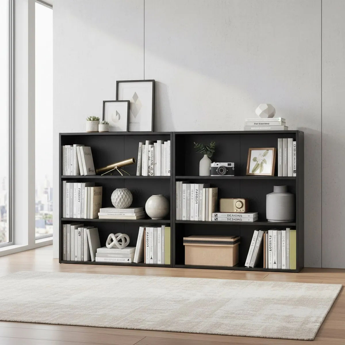 3 Tier Open Bookshelf 32 Inch Black Wood Display Shelf for Living Room Office