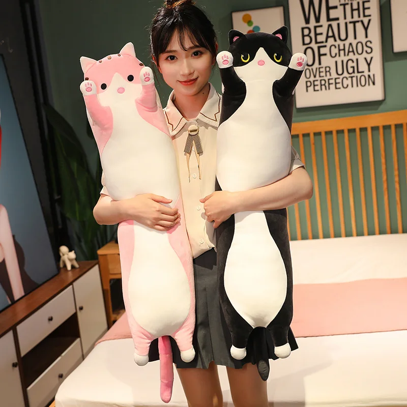 50~160cm Cuddly Cat Long Pillow Stuffed Kawaii Cartoon Animal Black Pink Brown Grey Squishy Sleeping Companion Plushie Peluche