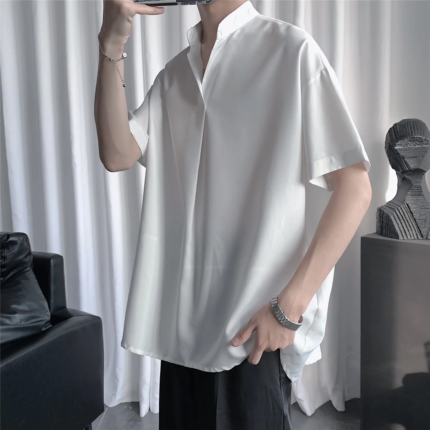 LAPPSTER-Youth One Button Korean Fashions Shirts & Blouses Summer Short Sleeve Vintage Shirts Mens Casual Japanese Style Tops