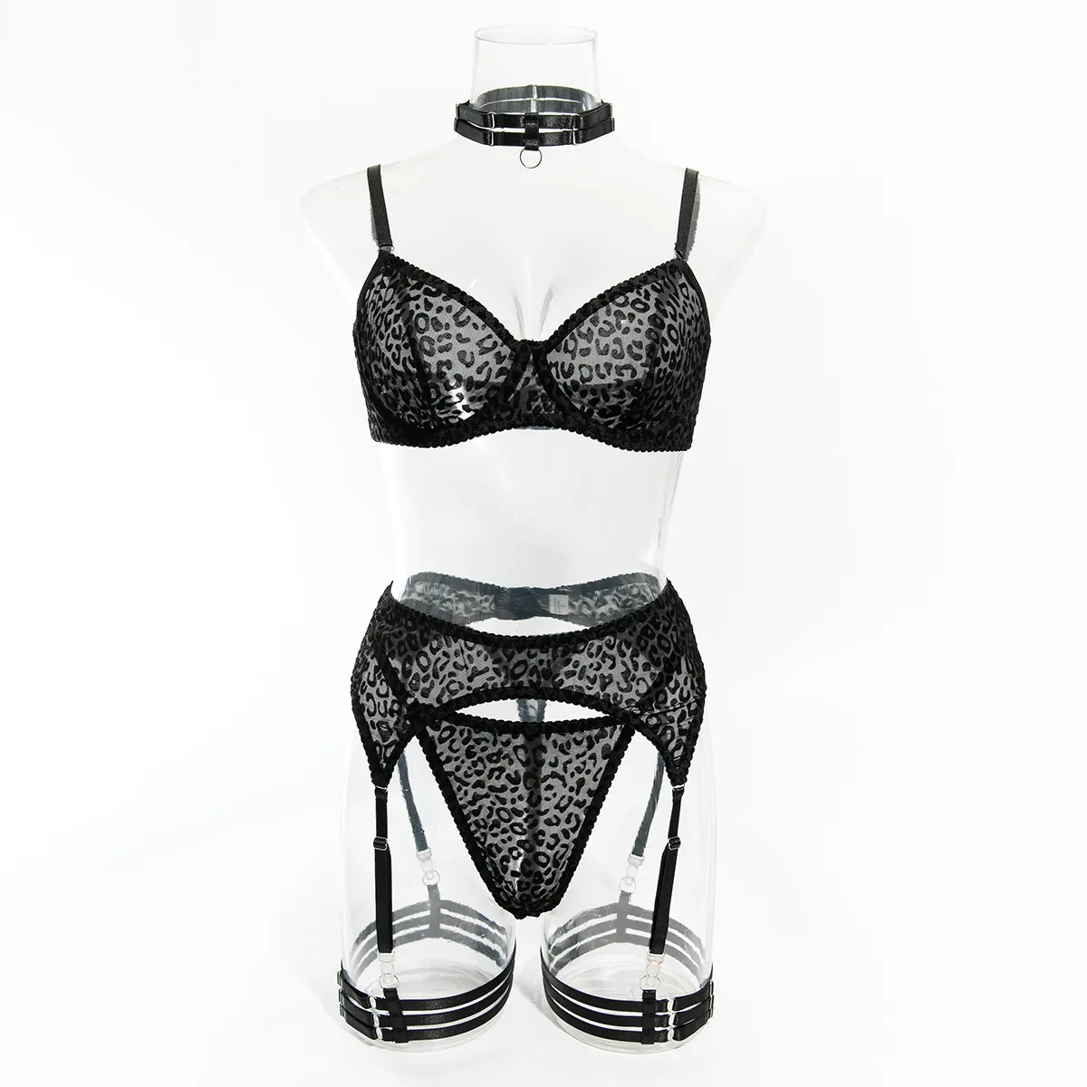 Krasapt Sexy Leopard Printed Flocking Embroidery Female Underwear Women\'s Perspective Sexy Lingerie 5 Pcs Set Victoria’s Secret
