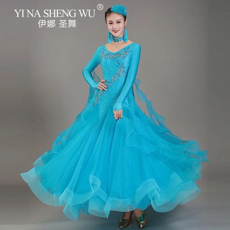 جولة الرقبة الماس التدرج النساء قاعة الرقص المنافسة فستان الفالس فستان رومبا أزياء رقص الكرة ثوب S-XXL