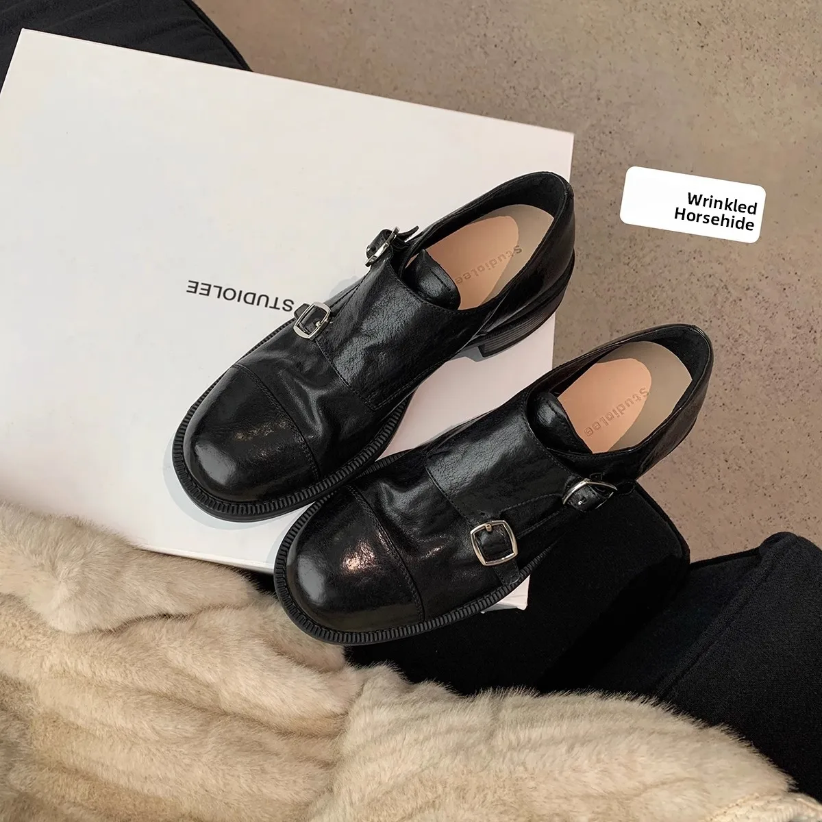 

British Style round Head Thick Heel Mary Janes Women's Shoes Grape Mom Shoes Double Buckle Leather Fashion Single Shoes