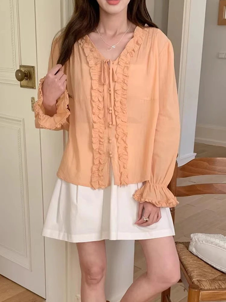 

Loose Thin Women's irt Knot Belted Spring New Sweet Soft Wooden Splicing Casual Long Sve Busin Office ...