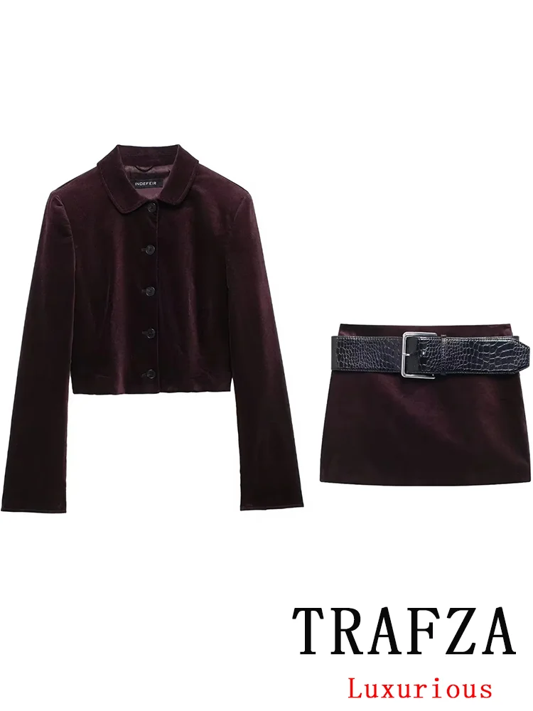 Trafza vintage casual chique sólido veludo feminino terno em linha reta blazers mini faixas saia fina moda 2024 outono inverno terno