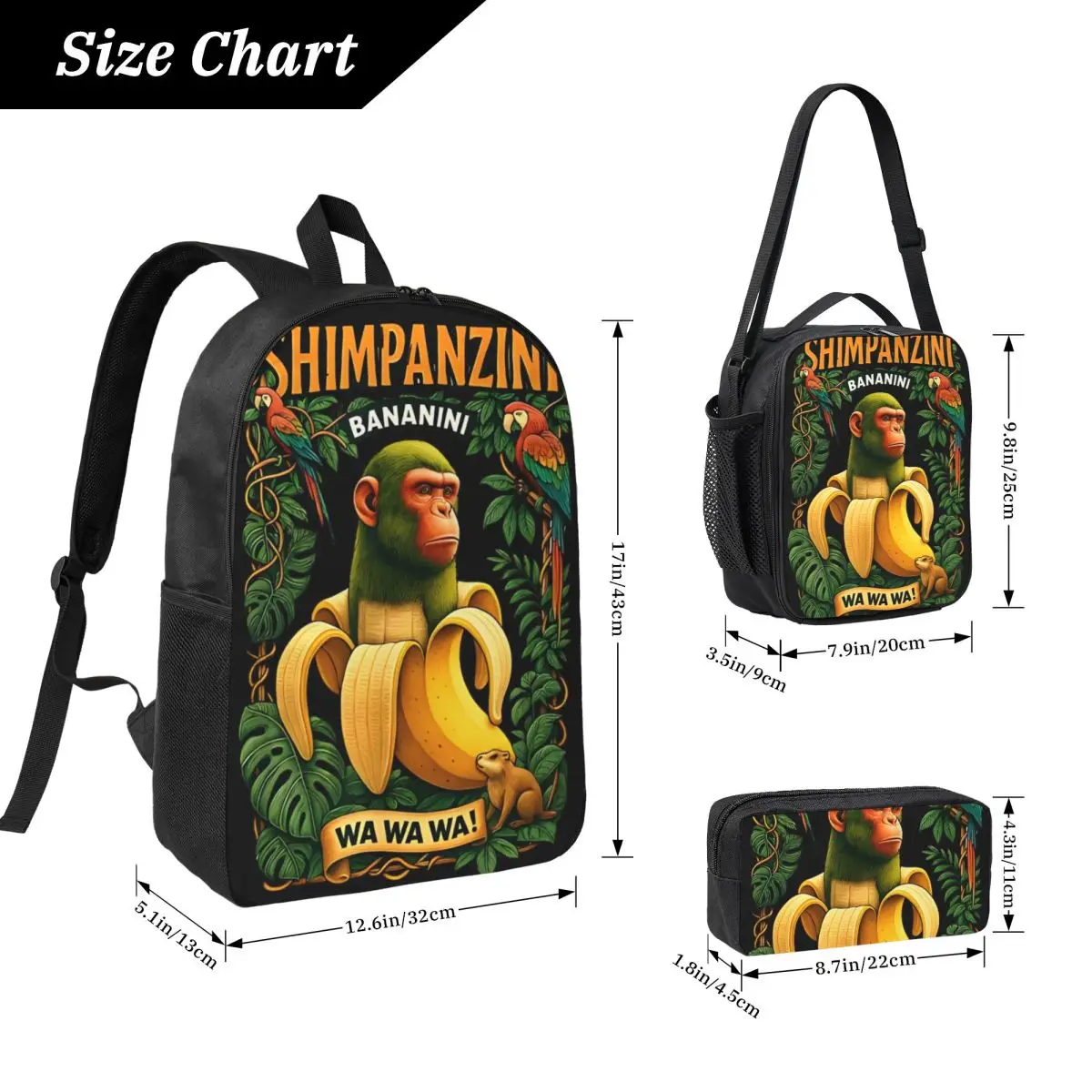 Shimpansinni bananini, macaco banana 3pecs/conjunto mochila para adolescente italiano brainrot portátil mochila almoço saco lápis caso