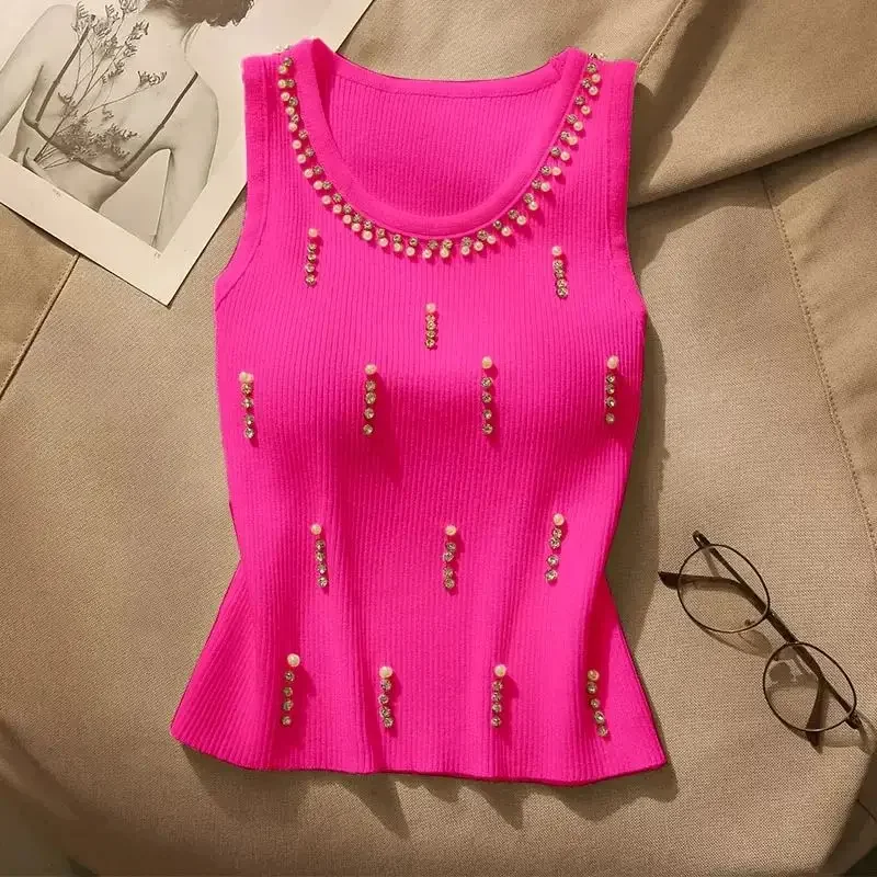 High-end Luxury Beaded Tank Top Women Summer Y2k Clothes Diamond Sleeveless Coats Short Knit Tops Camis Design Chic Streetwear